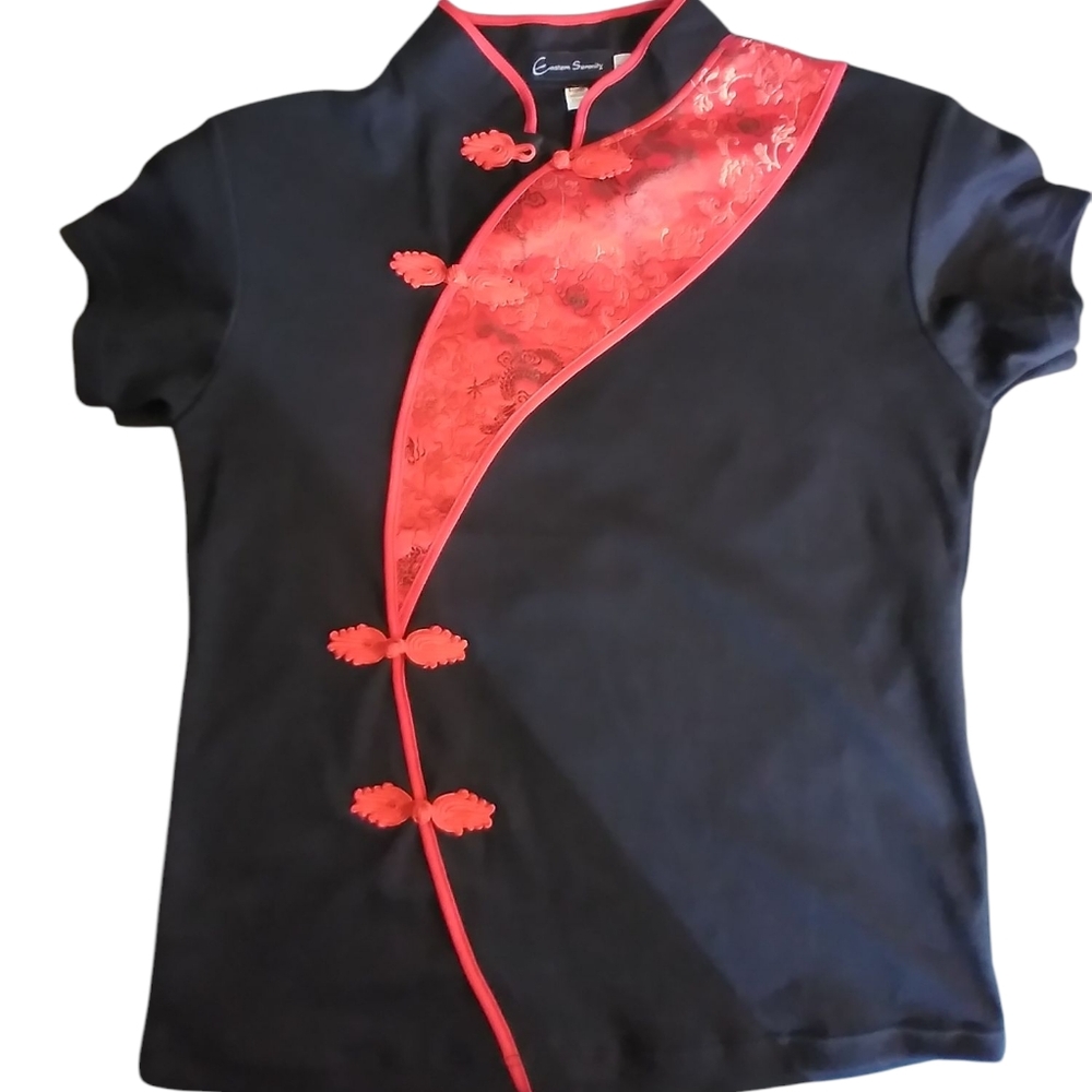 Eastern Serenity Black And Red Oriental Style Top Size L Short Sleeve Festival